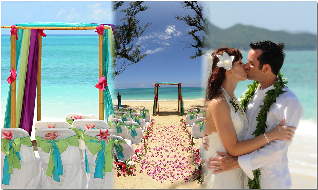 wedding beach design and couple lovign eachother